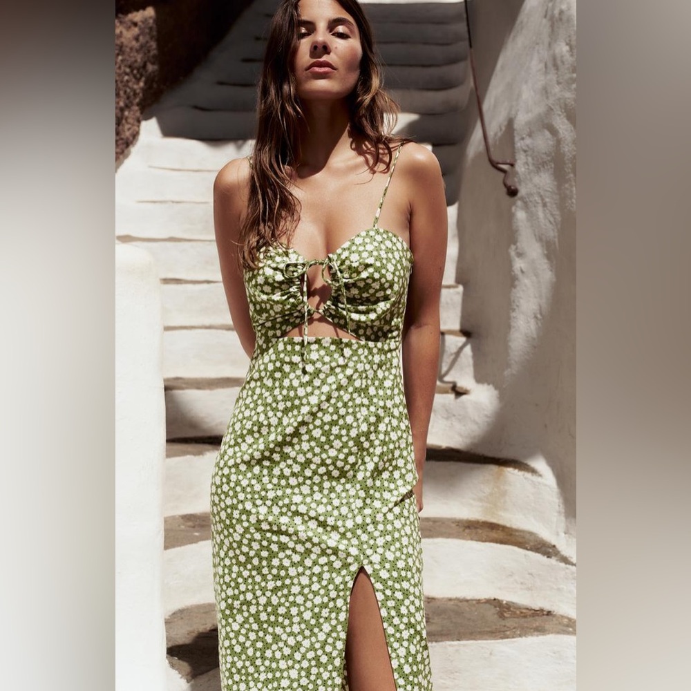 ZARA green daisy print dress midi linen blend floral